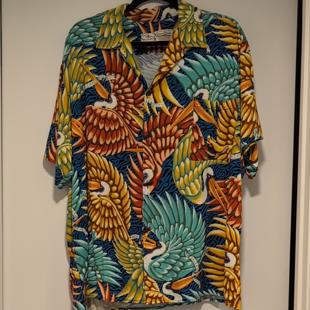 Colorful 2011 Bayou Wear Jazz Fest Birds Of Paradise Pelicans Men's Shirt Xl